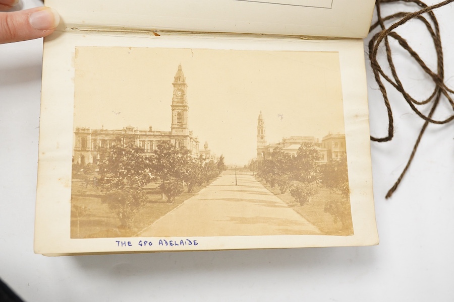 A late 19th century leather bound ‘An Australian birthday book’, containing family history, portrait photos and photos of Adelaide at the time. Condition - the spine and leather cover of book torn, some interior pages fo